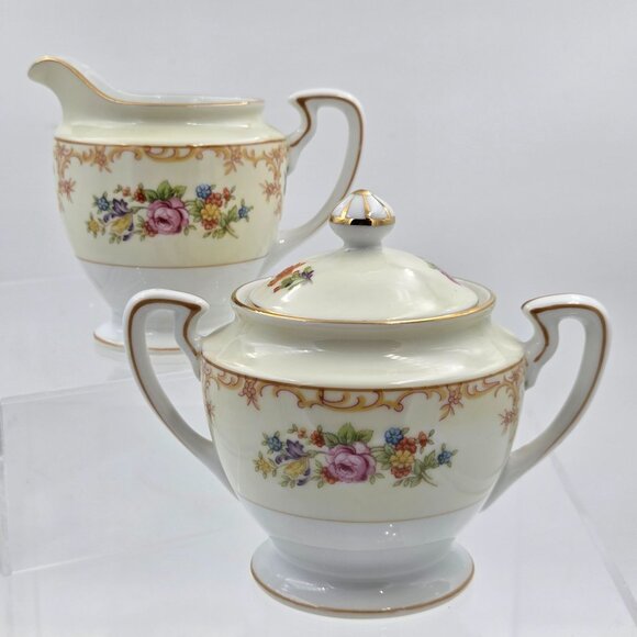 Noritake Ramona Mini Sugar Bowl Lid Mini Creamer Purple Floral Cream Porcelain - Picture 1 of 15